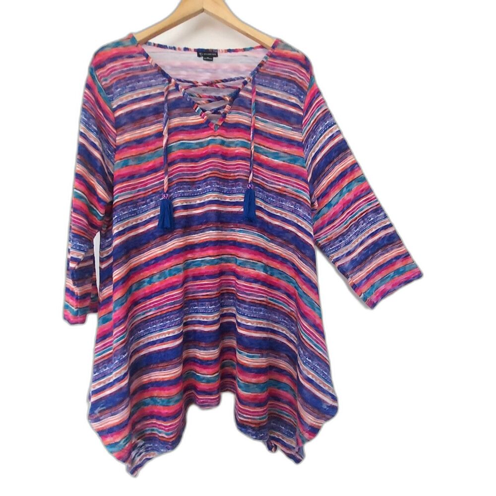 New Directions Knit Top Colorful XL Asymmetric Tassels Sweater